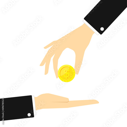 Giving another a gold coin. Give money. Vector illustration