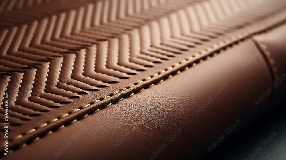Seams on artificial leather. The thread and arrow stitch seams line the narrow chevron to decorate the bright brown furniture for an interesting and beautiful look. Close focus : Generative AI - obrazy, fototapety, plakaty 