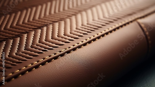 Seams on artificial leather. The thread and arrow stitch seams line the narrow chevron to decorate the bright brown furniture for an interesting and beautiful look. Close focus : Generative AI © Generative AI