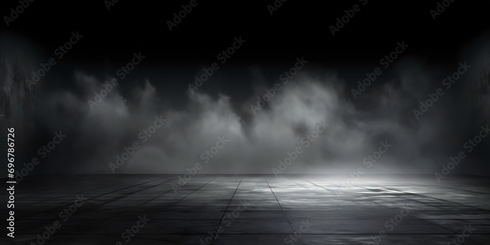 Abstract image of dark room concrete floor. Black room or stage background for product placement.Panoramic view of the abstract fog. White cloudiness, mist or smog moves on black backg : Generative AI - obrazy, fototapety, plakaty 