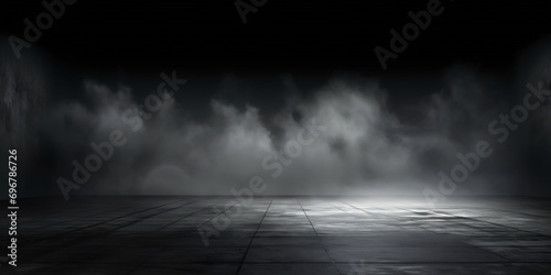 Abstract image of dark room concrete floor. Black room or stage background for product placement.Panoramic view of the abstract fog. White cloudiness, mist or smog moves on black backg : Generative AI