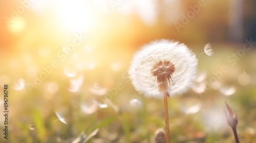 Close up of fluffy dandelion flower. Natural soft background  selective focus   Generative AI