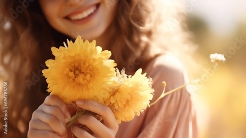 Close up of yellow natural flower hold by cheerful happy woman in backgorund defocused. Concept of nature and environment. Welcome spring. Focus on flower. Weekend outdoor leisure acti : Generative AI photo