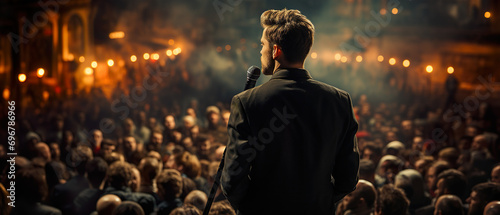 Man With A Microphone. Illustration On The Theme Of Cinema And TV Series, Propaganda And Crowds. Generative AI photo