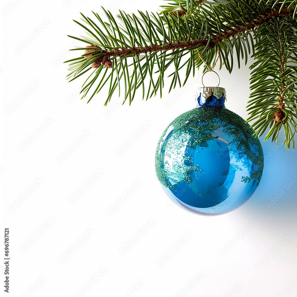 Single blue Christmas glass ball hanging from a pine branch, isolated on white. Made with generative ai