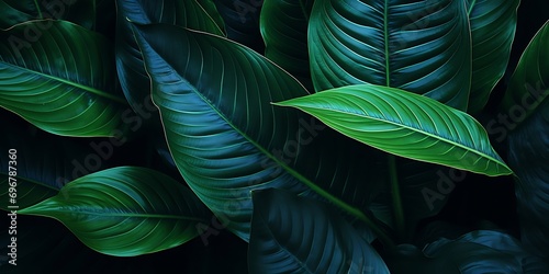 Close-up detail macro texture bright blue green leave tropical forest plant spathiphyllum cannifolium in dark nature background.Curve leaf floral botanical abstract desktop wallpaper w   Generative AI