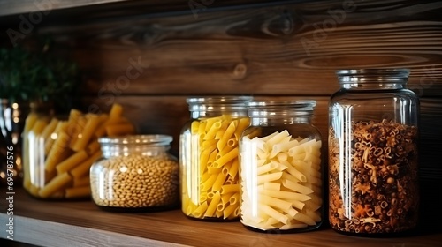 a jar of pasta, dishes for bulk products on a wooden shelf, in the kitchen. Shelves in the kitchen. System and organization of storage of bulk products in the kitchen. A jar for sugar, : Generative AI