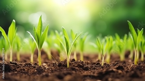 Young garlic grows in the ground. Close-up of young strong plants. Gardening concept. Selective focus. : Generative AI