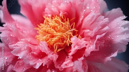 close up of beautiful pistils and stamens heavy with pollen pink peony flower   Generative AI