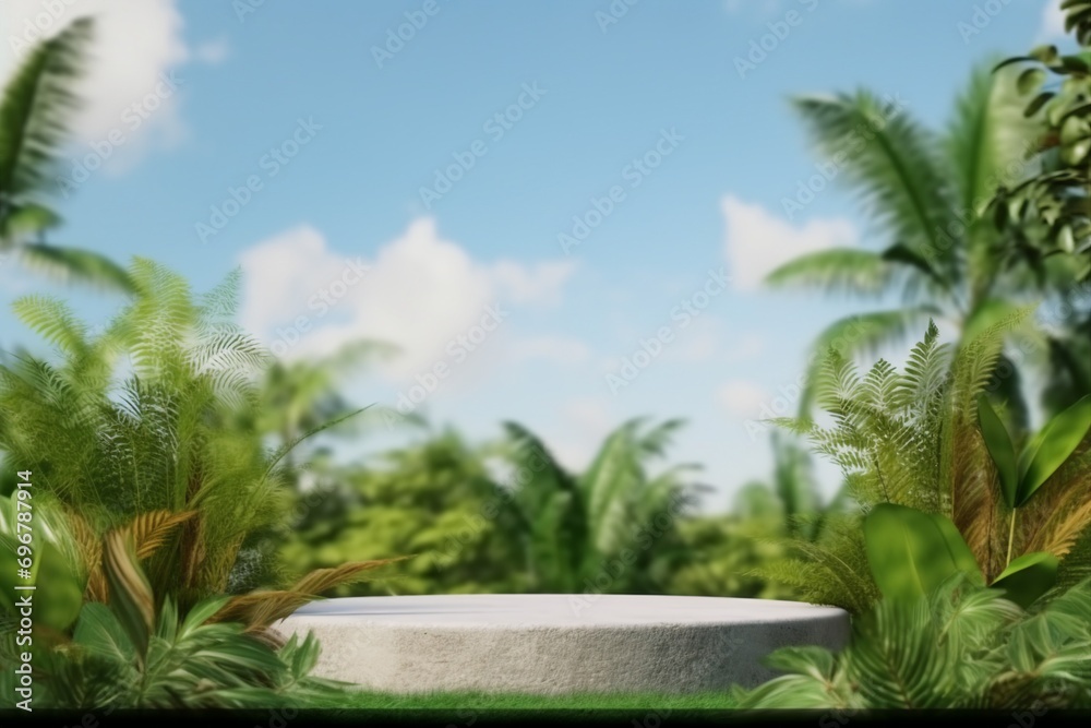 empty concrete podium on green grass with tropical forest plant blur cloud blue sky background with space.organic healthy product present natural placement pedestal display. generative ai. empty concrete podium on green grass with tropical forest plant blur cloud blue sky background with space.organic healthy product present natural placement pedestal display. generative ai.