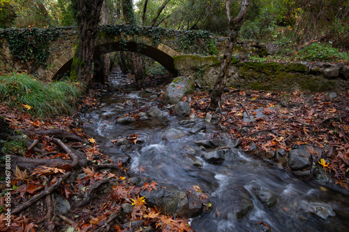 Autumn landscape landscape with river flowing below a stoned bridge
