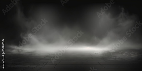 Abstract image of dark room concrete floor. Black room or stage background for product placement.Panoramic view of the abstract fog. White cloudiness, mist or smog moves on black backg : Generative AI photo
