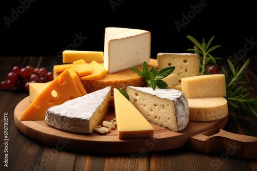 A block of cheese with slices on a wooden board, with herbs in the backdrop.