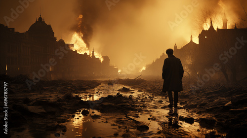 A Man Standing Against The Backdrop Of A Burning City. Illustration On The Theme Of Wars And Destruction, Tragedies And Apocalypse. Generative AI