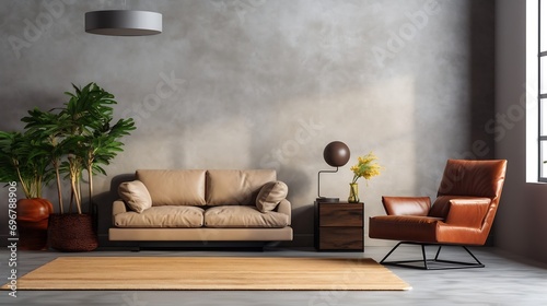 Living room interior with stylish furniture, focus on soft carpet : Generative AI