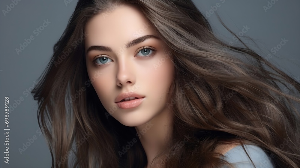 Beauty, fashion, makeup concept. Beautiful woman with brown long hairs close-up portrait looking up in grey studio background with copy space. Eyes is in camera focus. Soft gray color : Generative AI Beauty, fashion, makeup concept. Beautiful woman with brown long hairs close-up portrait looking up in grey studio background with copy space. Eyes is in camera focus. Soft gray color : Generative AI