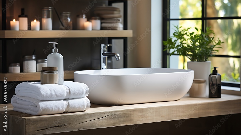 Selective focus on clean folded towels at wooden shelf on empty and contemporary tub with modern black water tap on blurred background. House decor at bright home with white interior d : Generative AI Selective focus on clean folded towels at wooden shelf on empty and contemporary tub with modern black water tap on blurred background. House decor at bright home with white interior d : Generative AI