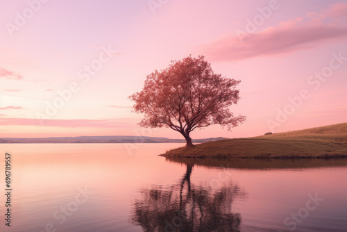 a small lone ash tree on the lake at sunset © ebhanu
