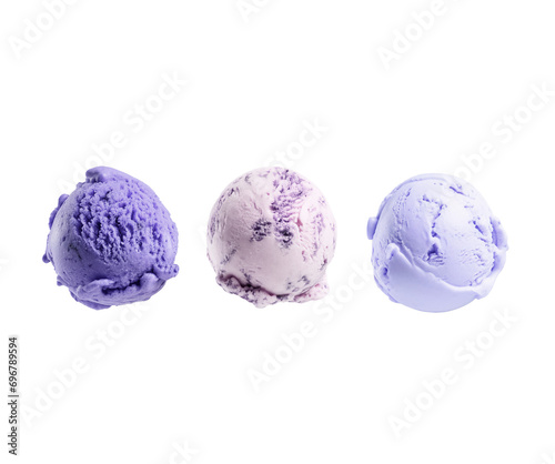 Three Purple Scoop Of Blueberry Flavor Taste Ice Cream Balls, Fly And Levitate On Transparent Clear Background Isolated, Lavender Violet Italian Gelato With No Background
