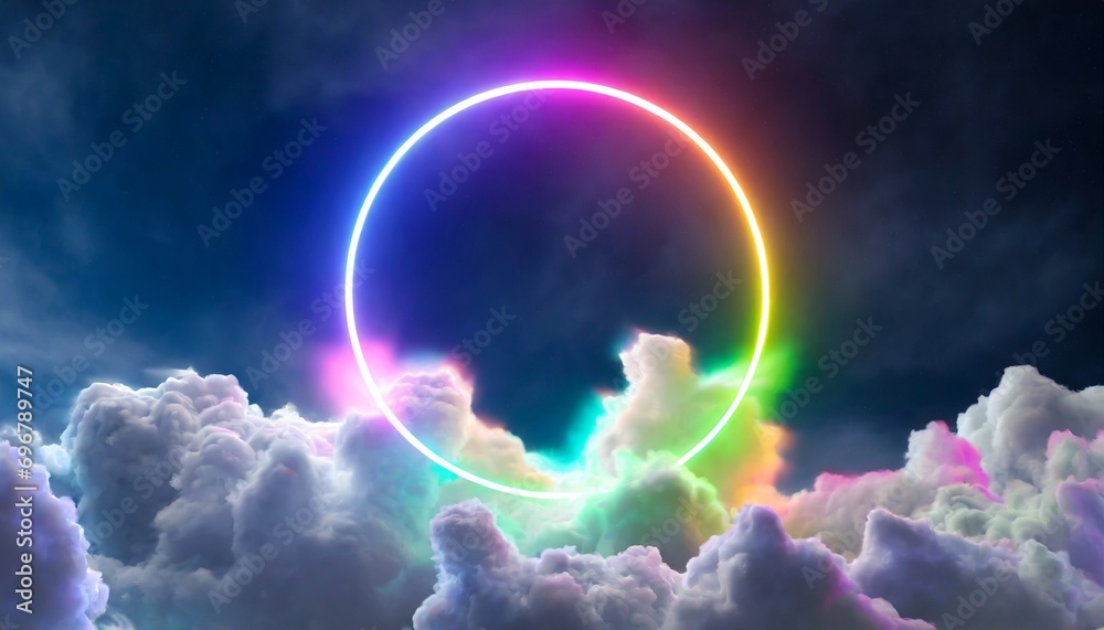 3d render colorful neon ring glowing inside the stormy cloud on the dark sky abstract background