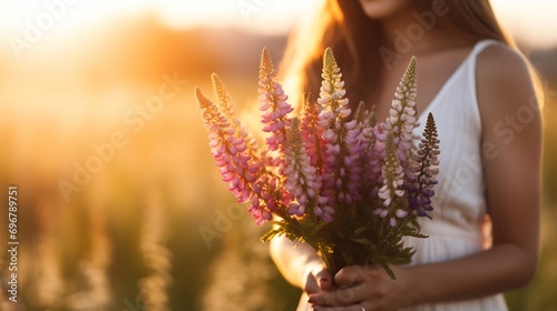 Close-up of a young woman with bare back and shoulders holding a bouquet of lupines in the sunset light,view behind.Simple slow living.Closeness to nature.Beauty concept.Selective focu : Generative AI