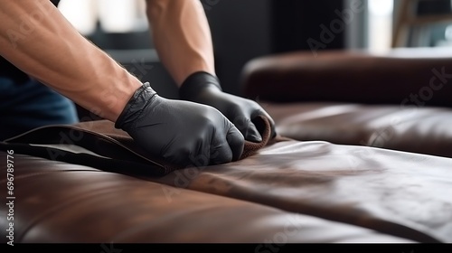 Close-up of men cleaning leather sofas at home with microfiber cloths. : Generative AI