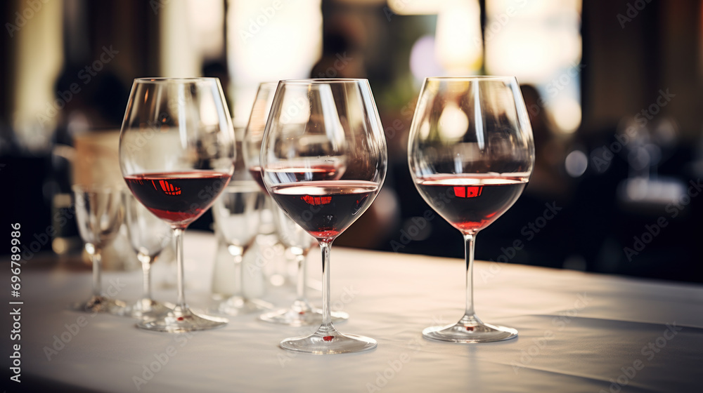 Glasses of red wine on restaurant table