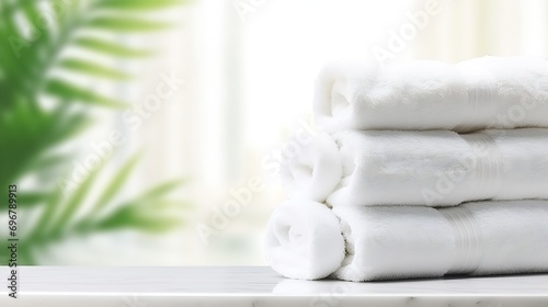 Close up of Roll up of white towels on white table with copy space Spa concept : Generative AI