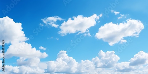 Clear blue sky with white clouds in summer time. Nature background concept.   Generative AI