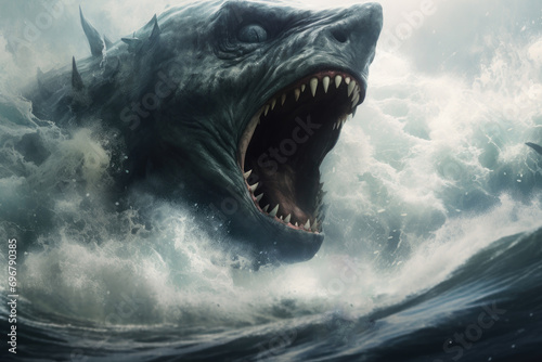 A lone figure faces an ominous behemoth in a tempestuous seascape facing his fears.