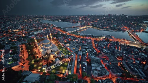 Aerial view of istanbul city Great view Suleymaniye Mosque looks very beautiful from the air 4K
 photo