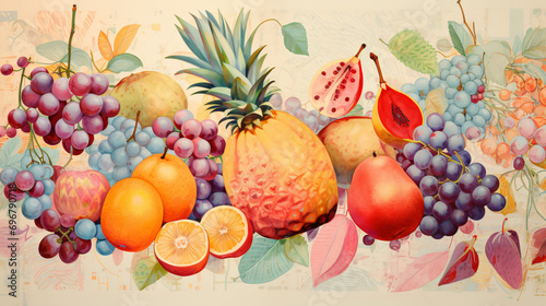 Pastel fruit illustration peach grapes