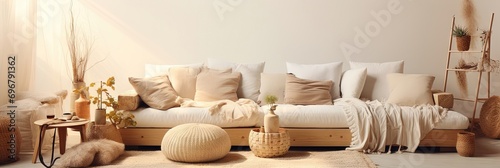 Modern luxury, minimal, elegant, neutral, cozy, white bohemian, boho living room with a sofa and plants. soft earthy colors, Interior design inspiration.