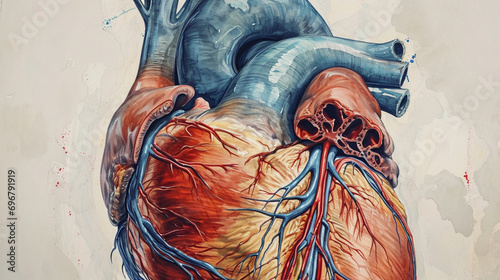 An artistically rendered anatomical illustration of the heart, combining scientific accuracy with creative flair. photo