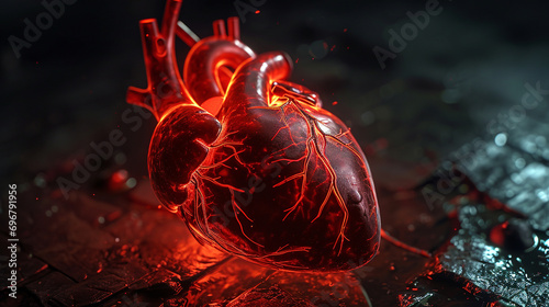A striking image of a heart-shaped medical device, such as a pacemaker or defibrillator, against a dark background. photo