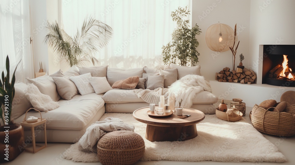 Fototapeta premium Modern luxury, minimal, elegant, neutral, cozy, white bohemian, boho living room with a sofa and plants. soft earthy colors, Interior design inspiration.