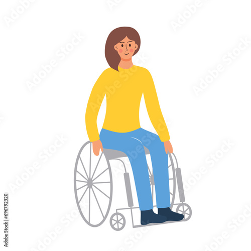 Woman is sitting in a wheelchair. Female character undergoing rehabilitation after trauma or disease. Disabled person. Support, special needs concept.