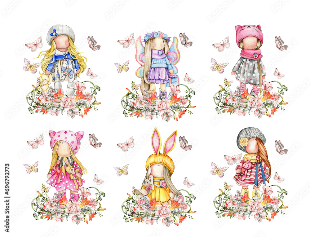 Composition of doll Tilda in dress and freesia flowers. Hand drawn watercolor illustration. Design for baby shower party, birthday, cake, holiday celebration design, greetings card, invitation, sticke