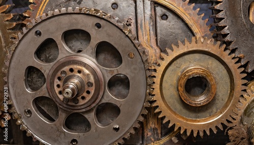 metal gear sprockets in well used machine closeup still life with beautiful textures and shape detail gear wheel