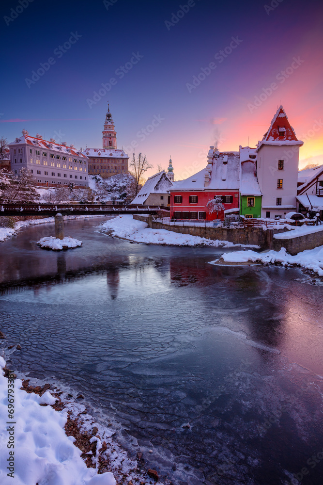 Cesky Krumlov, Czech Republic. Cityscape image of Cesky Krumlov, Czech Republic at beautiful cold winter sunrise.