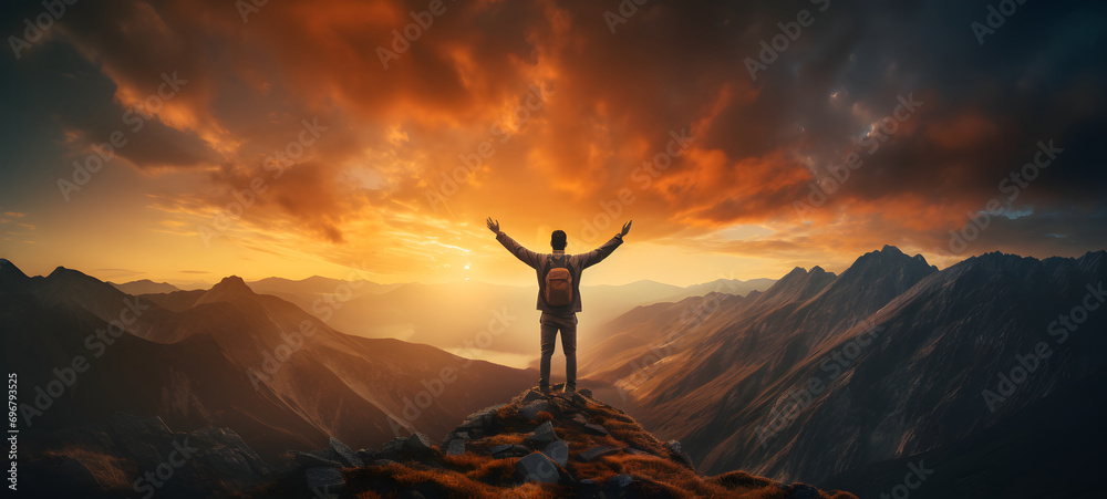 Man with arms up celebrating on top of the mountains - Hiker enjoying freedom on a hill at sunset - Freedom, sport, success and mental health concept - obrazy, fototapety, plakaty 