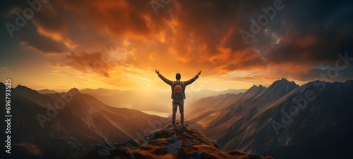 Man with arms up celebrating on top of the mountains - Hiker enjoying freedom on a hill at sunset - Freedom, sport, success and mental health concept © Lucky Ai