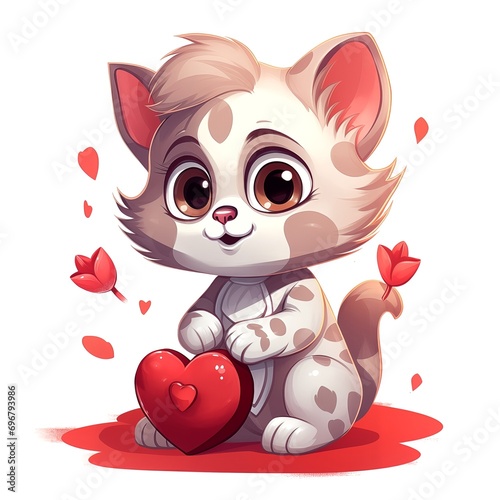 White and red kitten cat  holds heart cute cartoon  white background 