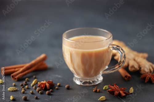 Traditional middle eastern beverage, indian drink masala tea or arabian karak chai. Closeup