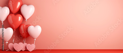 Beautiful pastel red Valentine's Day background with heart balloons, center copy space, generative ai.