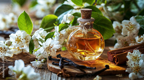 un flacon de parfum artisanal à côté de fleurs de jasmin, de vanille... photo