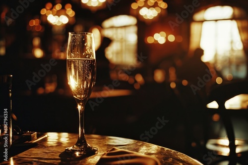 Elegant Glass of Champagne Sitting on Table in Elegant Upscale Restaurant, Fine Dining Wine