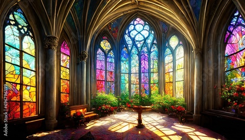 beautiful colorful gothic stained cathedral window digital illustration digital painting cg artwork realistic illustration 3d render