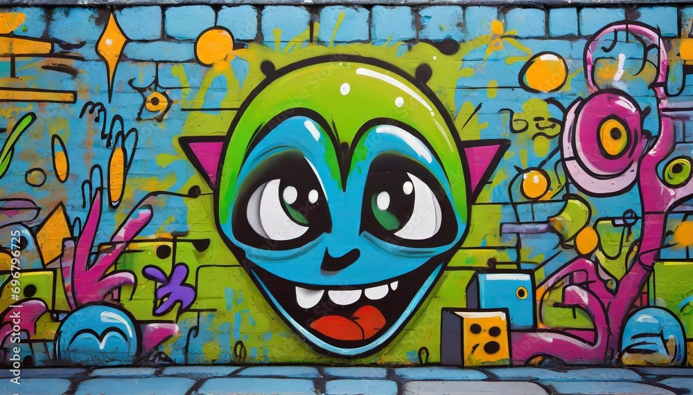 graffiti on wall cartoon design funny face and alien things generative ai