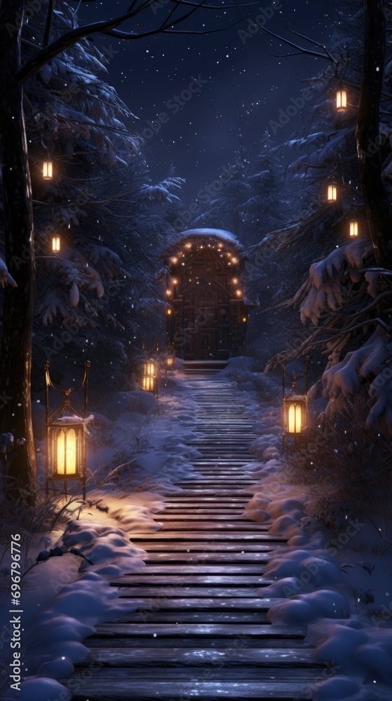 Enchanting Night Path Leading Through the Snowy Forest